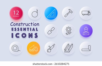 Construction set icon. Round icons show plumb bob, triangle, hammer, truck, tape measure, cement mixer, jackhammer, beams, metal profile, and worker helmet in outlined design format.