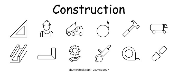 Construction set icon. Ruler, builder, dump truck, wrecking ball, hammer, tanker, steel beam, angle, gear hand, cutter, tape, trowel. Architecture, demolition, engineering, planning, site work