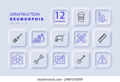 Construction set icon. Screwdriver, bucket, measuring tape, excavator, wheelbarrow, pencil, wrench, blueprint, shovel, caution, fan, tools.