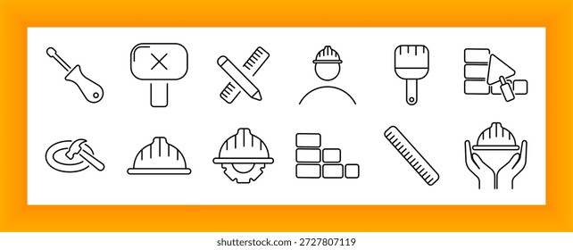 Icono de conjunto de construcción. Destornillador, casco, ladrillos, trabajador, paleta, cepillo, Regla, martillo, construcción, planificación, protección, medida, engranaje, seguridad, proyecto