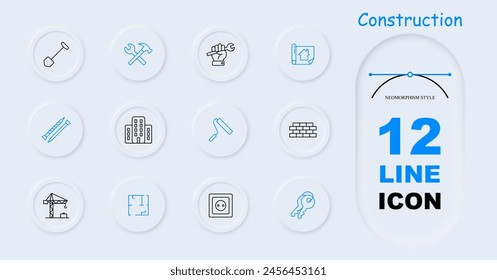 Construction set icon. Shovel, key, hand, wall, brick, hammer, cross, bunch of keys, nail, screw, crane, houses, construction plan, roller, painting, apartment layout, neomorphism. Building concept.