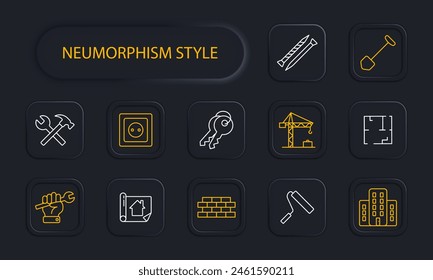 Construction set icon. Shovel, key, hand, wall, brick, hammer, cross, bunch of keys, nail, screw, crane, houses, construction plan, roller, neomorphism, painting, apartment layout. Building concept.