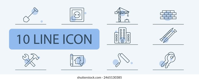 Construction set icon. Shovel, key, hand, wall, brick, hammer, cross, bunch of keys, nail, screw, crane, houses, construction plan, roller, painting, apartment layout. Building concept.