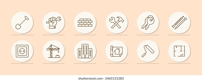 Construction set icon. Shovel, key, hand, wall, brick, hammer, cross, bunch of keys, nail, screw, crane, houses, construction plan, roller, painting, apartment layout. Building concept.