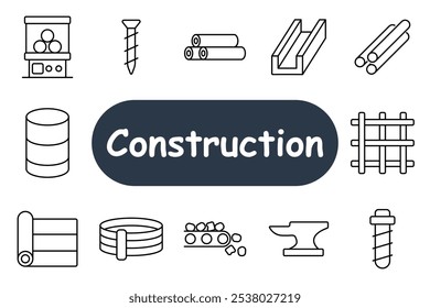 Ícone do conjunto de construção. Feixe de aço, parafuso, tubos, barril, correia transportadora, bigorna, materiais de construção. Ideal para construção, fabricação e temas industriais