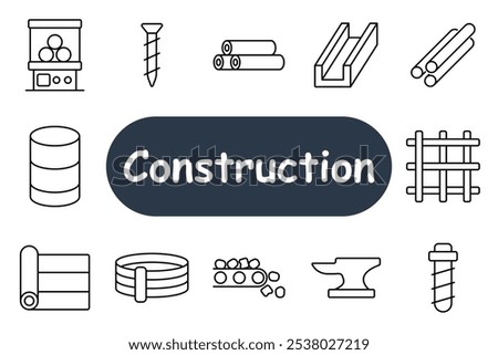 Construction set icon. Steel beam, screw, pipes, barrel, conveyor belt, anvil, building materials. Ideal for construction, manufacturing, and industrial themes