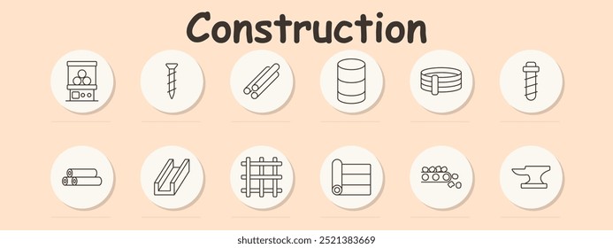 Ícone do conjunto de construção. Unidade de armazenamento, parafuso, tubos de metal, barril, correia, broca, feixe de aço, grade, rolo de tecido, correia transportadora, bigorna, materiais.