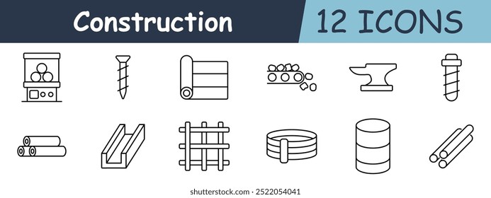 Ícone do conjunto de construção. Fita medida, casa, mão, grade, planta, parede, fundação, ferramenta, máquina, misturador, engrenagens, equipamento.