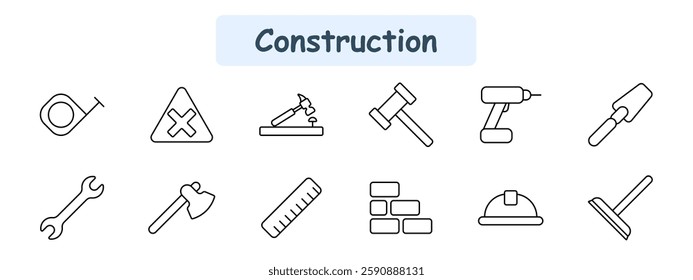 Construction set icon. Tape measure, warning sign, hammer, mallet, power drill, trowel, wrench, axe, ruler, bricks, helmet, squeegee.