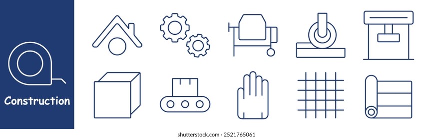 Construction set icon. Tools, home building, conveyor, gears, safety equipment, cement mixer, roller, grid, building plan, architectural design, construction materials, fabrication