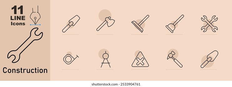 Construction set icon. Trowel, axe, plunger, wrench, tape measure, drawing compass, warning sign, hammer, mallet, crossed tools.