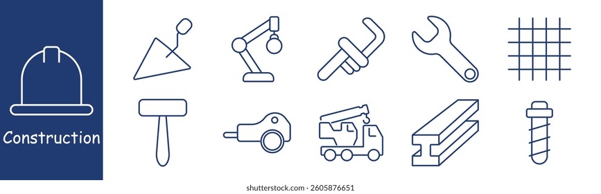 Construction set icon. Trowel, robotic arm, wrench, steel bar, crane truck, drill, rebar, mallet, representing tools, machinery, materials, automation, heavy work, project building