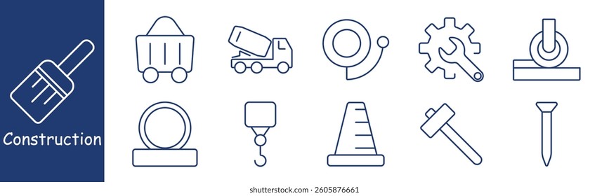 Construction set icon. Truck, cement mixer, roller, tape, wrench, gear, hook, pipe, hammer, cone representing site equipment, maintenance, load transport, repair, materials