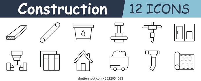 Construction set icon. Wood plank, pipe, bucket, pillar, house, conveyor, mining cart, metal beam, tools, foundation, building, materials