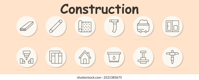 Construction set icon. Wooden plank, metal pipe, fabric roll, gutter, mining cart, door, machine tool, building framework, house, bucket, press machine, foundation drilling