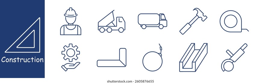 Construction set icon. Worker, concrete truck, hammer, circular saw, measuring tape, beam, gear, hand, angle, wire for precision, carpentry, materials, construction process, equipment