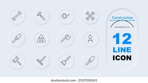 Icono de conjunto de construcción. Llave, martillo, cinta métrica, llaves cruzadas, paleta, triángulo de advertencia, hacha, trípode, mazazo, émbolo. Herramientas de construcción, medición, equipos de construcción