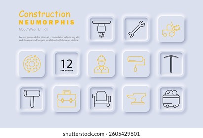 Construction set icon. Wrench, helmet, paint roller, hook, cement mixer, pickaxe, trolley, briefcase, anvil, mining cart, worker, toolset