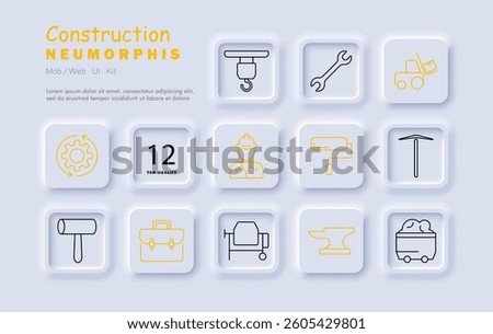 Construction set icon. Wrench, helmet, paint roller, hook, cement mixer, pickaxe, trolley, briefcase, anvil, mining cart, worker, toolset