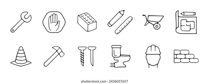 Construction set icon. Wrench, stop sign, brick. pencil, ruler, stroller, plan, cone, hammer, nail, plumbing, worker, wall. Vector line icon on white background.