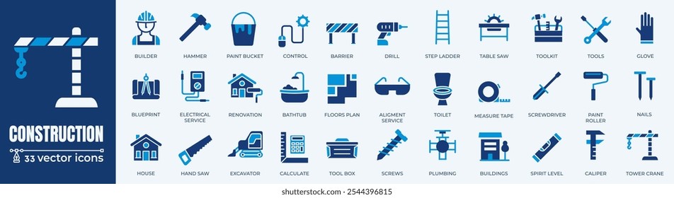 Construction set of icons in editable line style. Building and construction icons for web and mobile app. Home repair, crane, building and tools