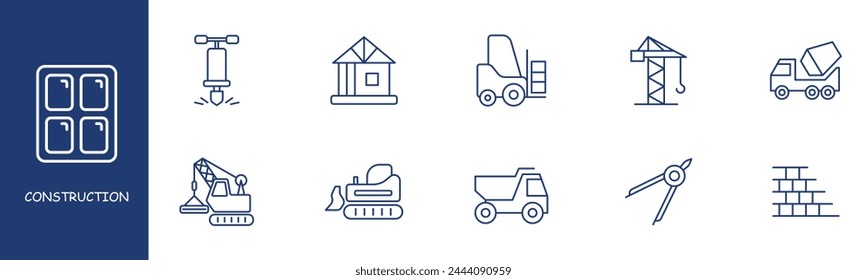 Icono de línea de conjunto de construcción. Ladrillo, hormigón mezclador, brújula, grúa, martillo neumático, casa, cargador. Icono de línea de Vector de fondo de colores pastel para negocios y publicidad