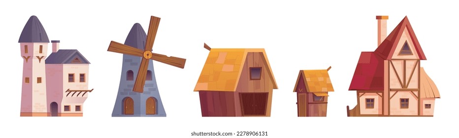 Construction set of medieval village buildings isolated on white background. Vector cartoon illustration of old European castle, fortress, stone windmill, barn, shop and house. Town design elements