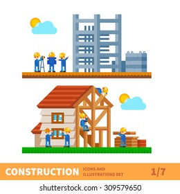 Construction set. Process of building the house. Engineering measured, architectural work, builders make a house. Vector flat illustration 