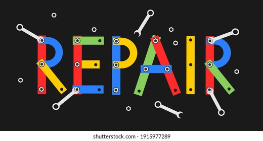 Construction set and repair tools as letters, text and word. Vector illustration.