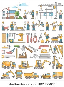 Construction set tools, instruments and equipment collection outline concept. Isolated objects and elements with professional builder work stuff vector illustration. Heavy machinery and engineering.