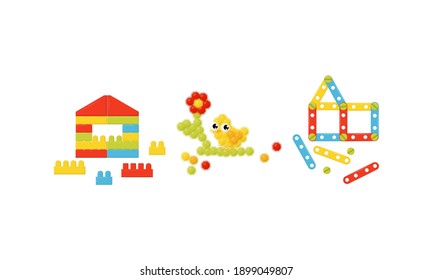 Construction Set as Toy for Children with Building Components Vector Set