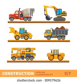 Construction set. Transport  for construction. Transport of gravel, concrete workpiece, asphalting. Vector flat illustration
