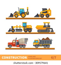 Construction set. Transport and tool for construction. Transport of gravel, concrete workpiece, asphalting. Vector flat illustration
