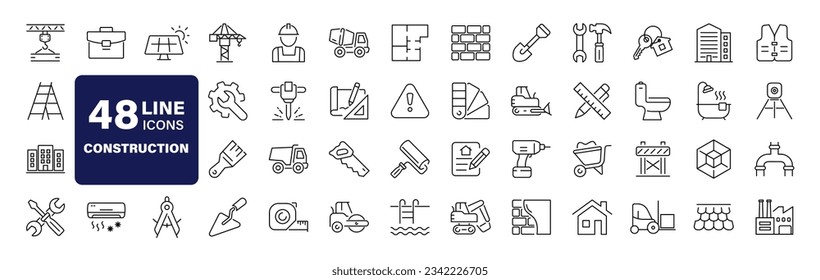 Conjunto de construcción de iconos web en estilo de línea. Iconos de construcción y construcción para aplicaciones web y móviles. Reparación de viviendas, grúa, construcción, herramientas, tierra, excavadora, contratista, constructores. Ilustración del vector