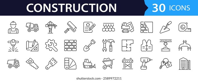 Construction set of web icons in line style. Building and construction icons for web and mobile app. Home repair, crane, building, tools, land, excavator, contractor, builders. Vector illustration