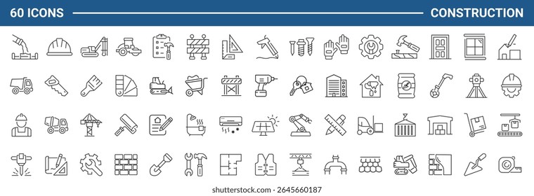 Construction set of web icons in line style. Building and construction icons for web and mobile app. Home repair, crane, building, tools, land, excavator, contractor, builders. Vector illustration