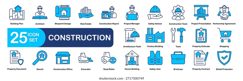 Construction set of web icons in line style. vector illustration concept relate to construction, building, repair, build, crane, builder, design, men at work, industry