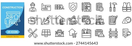 Construction set of web icons in line style. building, tools, land, excavator, contractor, builders. Editable stroke. Vector illustration.