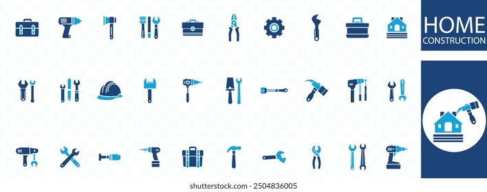 Construction set of web icons in style. Building and construction icons for web and mobile app. Home repair, crane, building, tools, land, excavator, contractor, builders. Vector