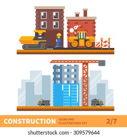 Construction set. Workers building a house, lay asphalt. Tractor, crane, truck. Vector flat illustration
