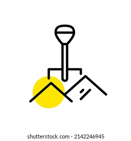 Construction shovel in piles of sand. Pixel perfect, editable stroke line icon