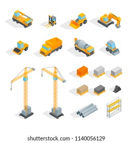 Construction Signs 3d Icons Set Isometric View Include of Truck, Crane, Excavator, Bulldozer and Machine. Vector illustration of Icon