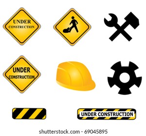Construction signs and tools icon set