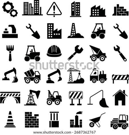 Construction Silhouette Icon Set – Industrial Tools, Vehicles, Buildings Vector