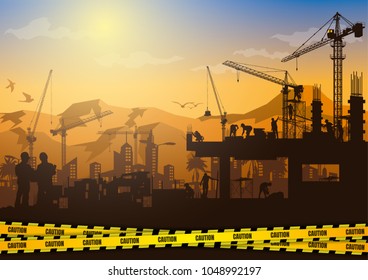 Construction silhouettes vector background,Engineers inspecting site,Book Cover Design.
