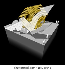 Construction of simple detached house with wooden framework construction with two rising business diagram arrows