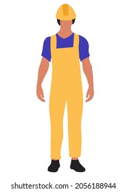 Baugewerbe. Einfache flache Illustration. Männliche Industriearbeiter mit Sicherheitsweste und Schutzhelm, Menschen am Arbeitsplatz.  Einziger weißer Hintergrund.