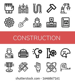 construction simple icons set. Contains such icons as Gloves, Gear, Church, Shovel, Pipe, Builder, Hammer, Clinic, Crane, Blueprint, Painter, can be used for web, mobile and logo