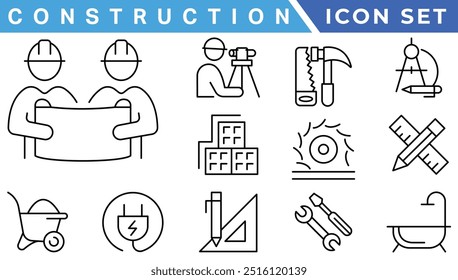 Konstruktion einfache Linie einzelne Icon-Sammlung. Bearbeitbarer Strich. Reparatur, Renovierung, Arbeitsmittel, Materialien