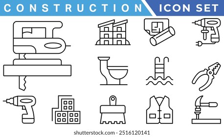 construction simple line isolated icon collection. Editable Stroke. Repair, Renovation, Work Tools, Materials